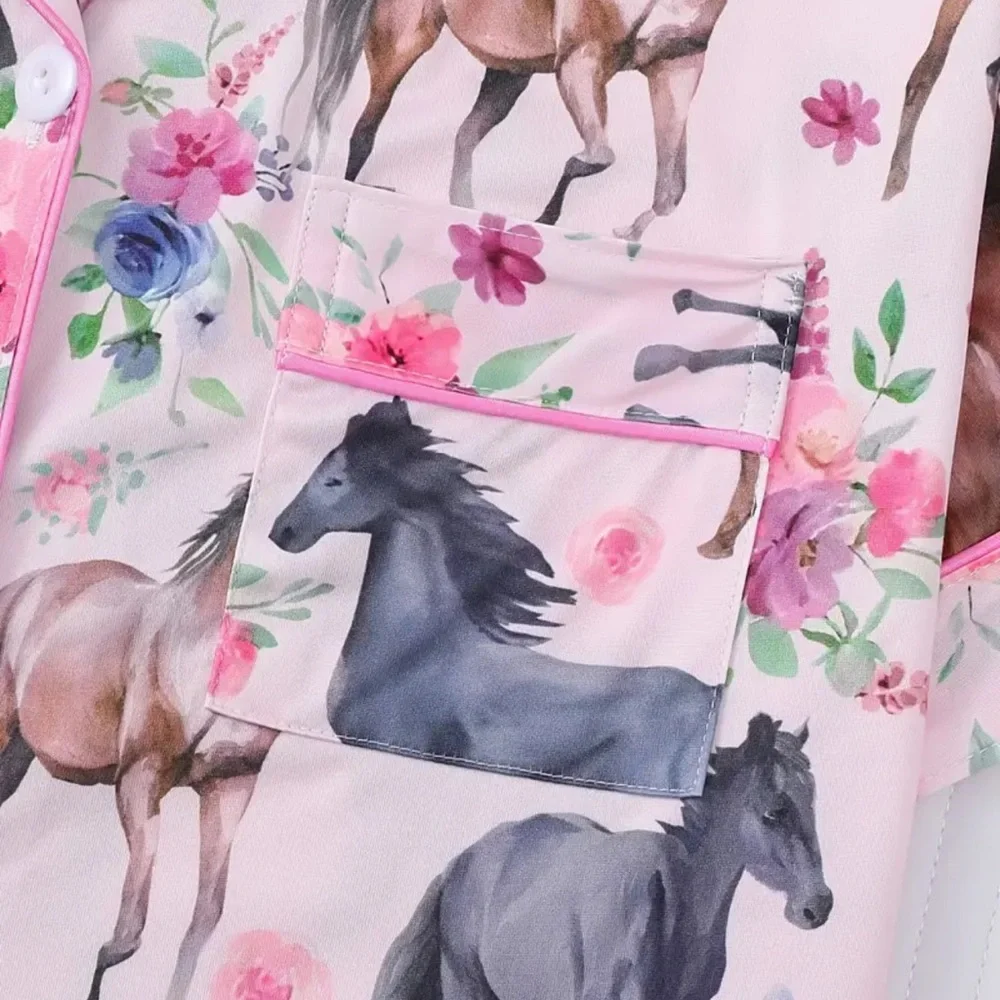 Horse Print Pajamas Set Pink Blue Short Sleeves Short Pants Size L Equestrian
